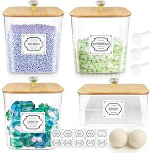 Laundry detergent dispenser set with pods container dryer sheet holder storage